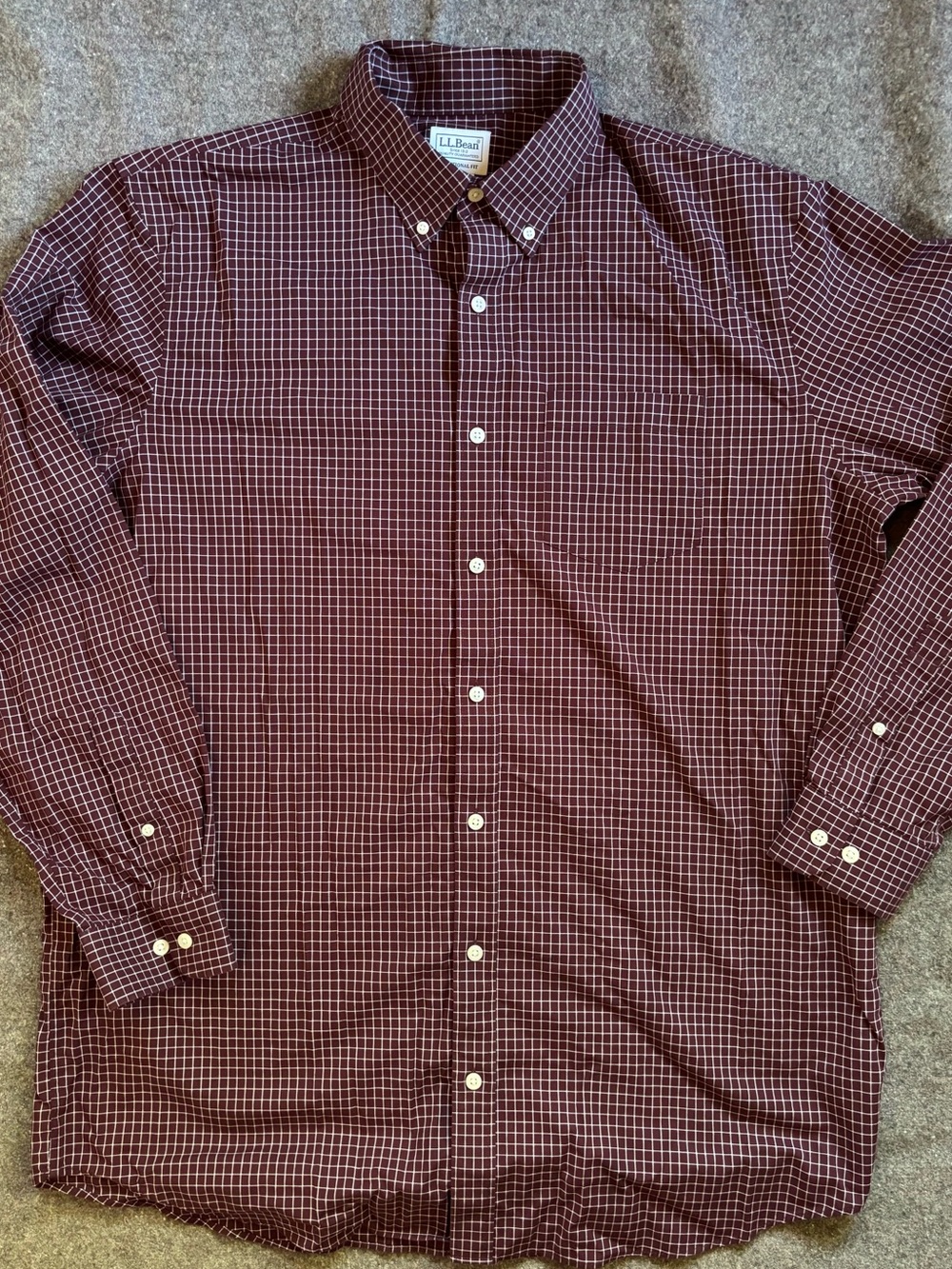 L.L. Bean Men's Burgundy Woven Cotton Plaid Button Down Shirt. Size Large Tall.